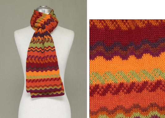 100% Alpaca Fine Knit Geometric Scarf  8" x 72" Fall Tones Knit